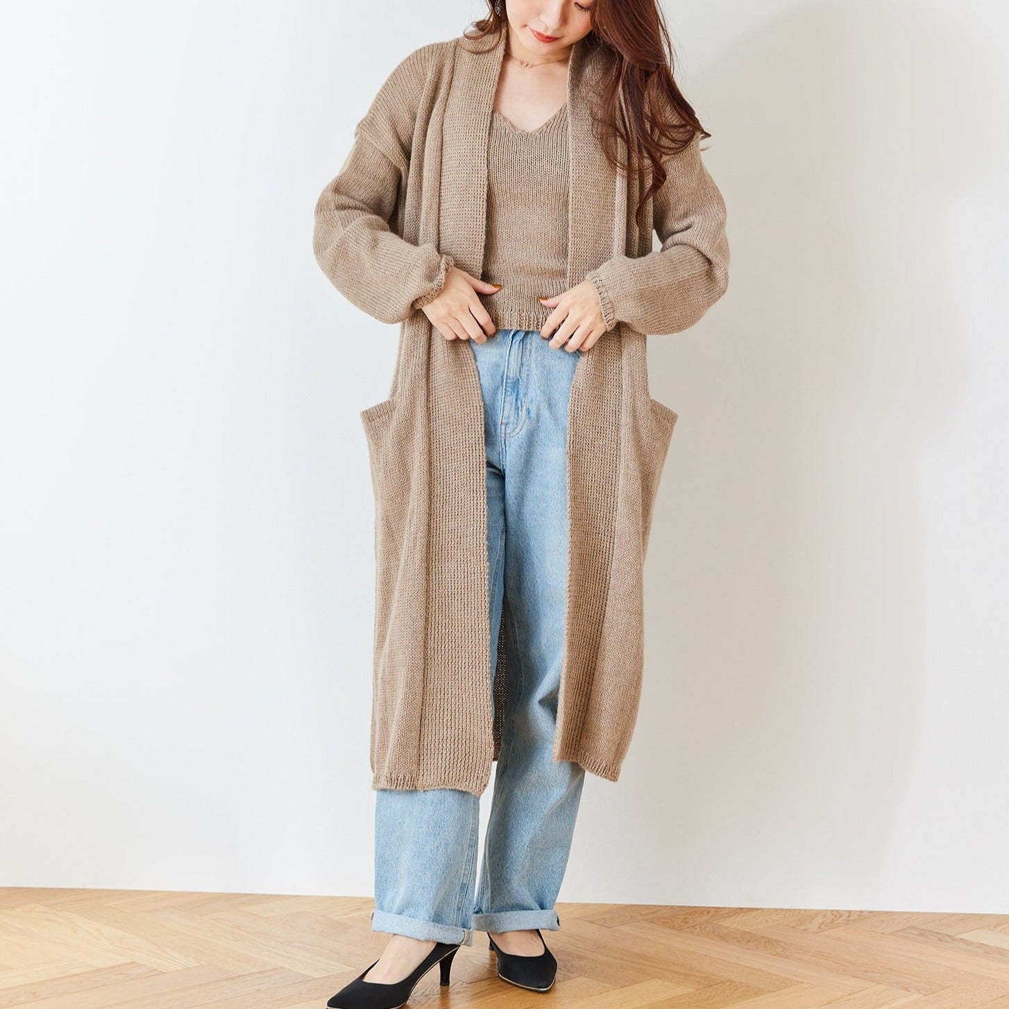 ペルー産🇵🇪ベビーアルパカ100％のロングカーディガン ”BABY ALPACA BASICS LONG ROBE” – Celeste